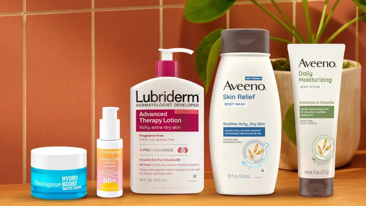 Productos para combatir la xerosis: loción Lubriderm, lavado corporal Aveeno Skin Relief, exfoliante Aveeno Daily Moisturizing y cremas Neutrogena.