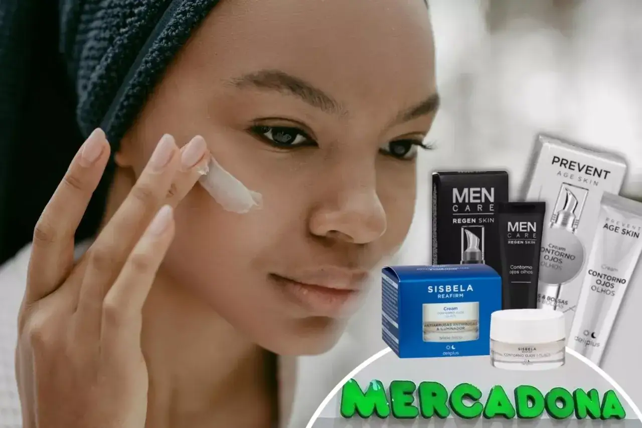 Mujer aplicándose crema en el contorno de ojos. Productos de contorno de ojos Mercadona y Deliplus.