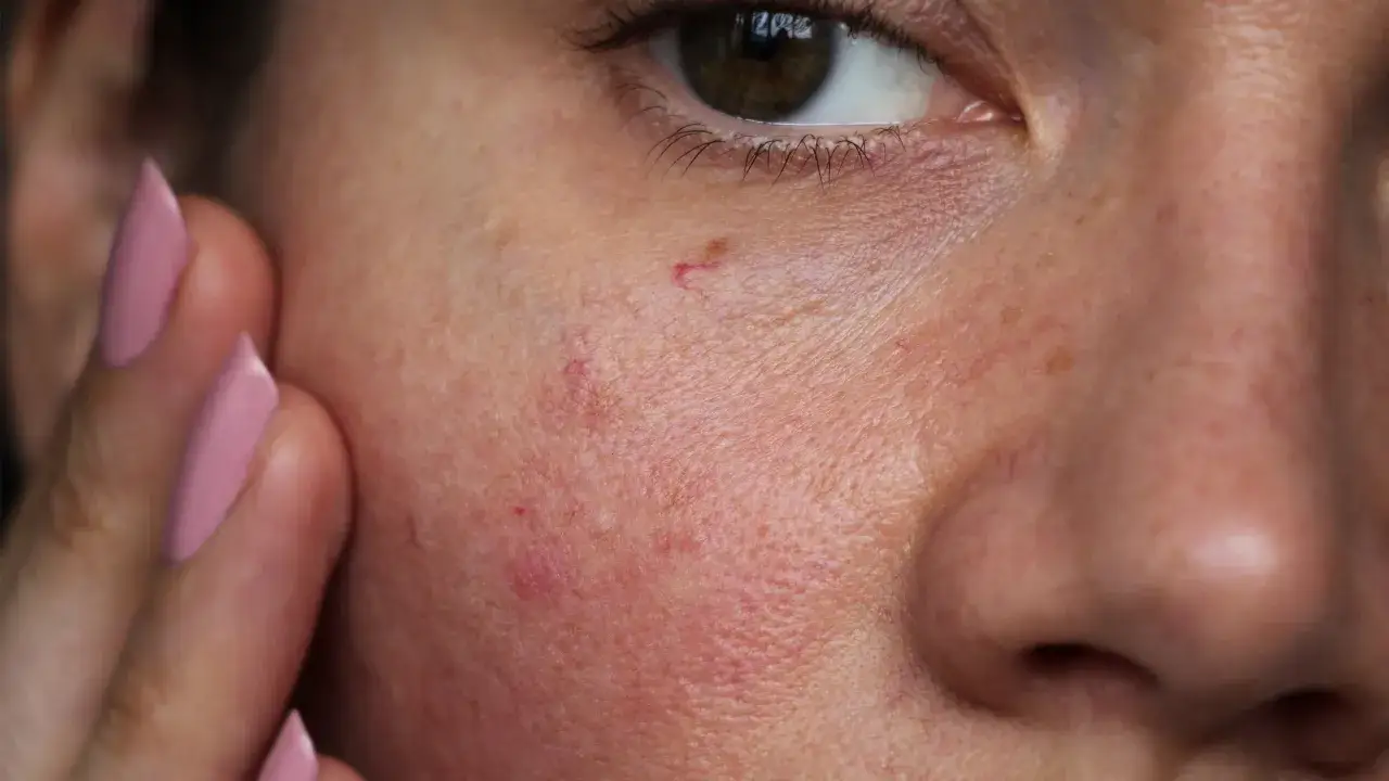 Primer plano de una cara con rojeces y pequeños vasos sanguíneos visibles, sugiriendo una posible irritación o demodex cara.