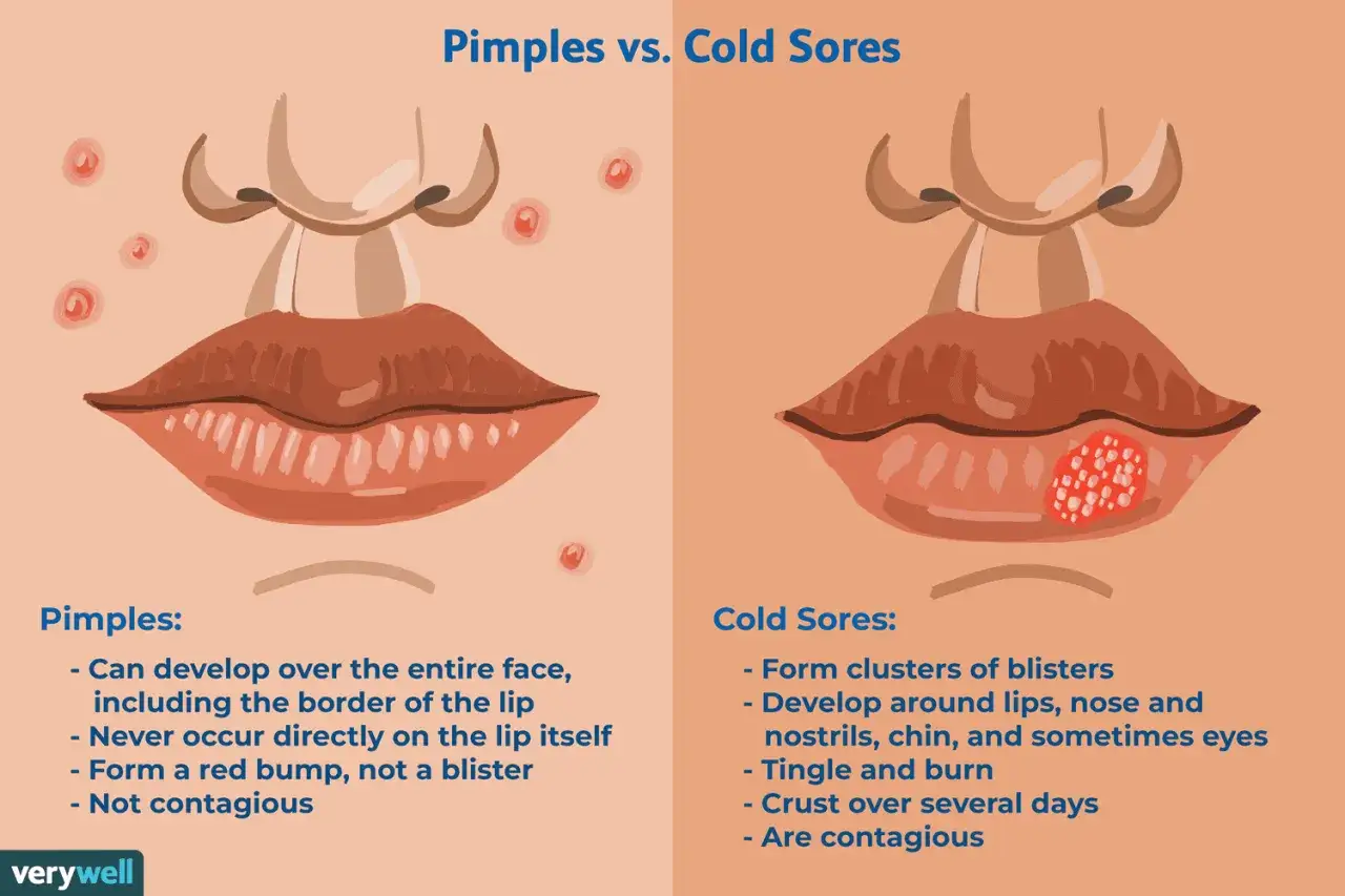 Comparación de granos y herpes labial. Un grano en el labio es un bulto rojo, no contagioso.