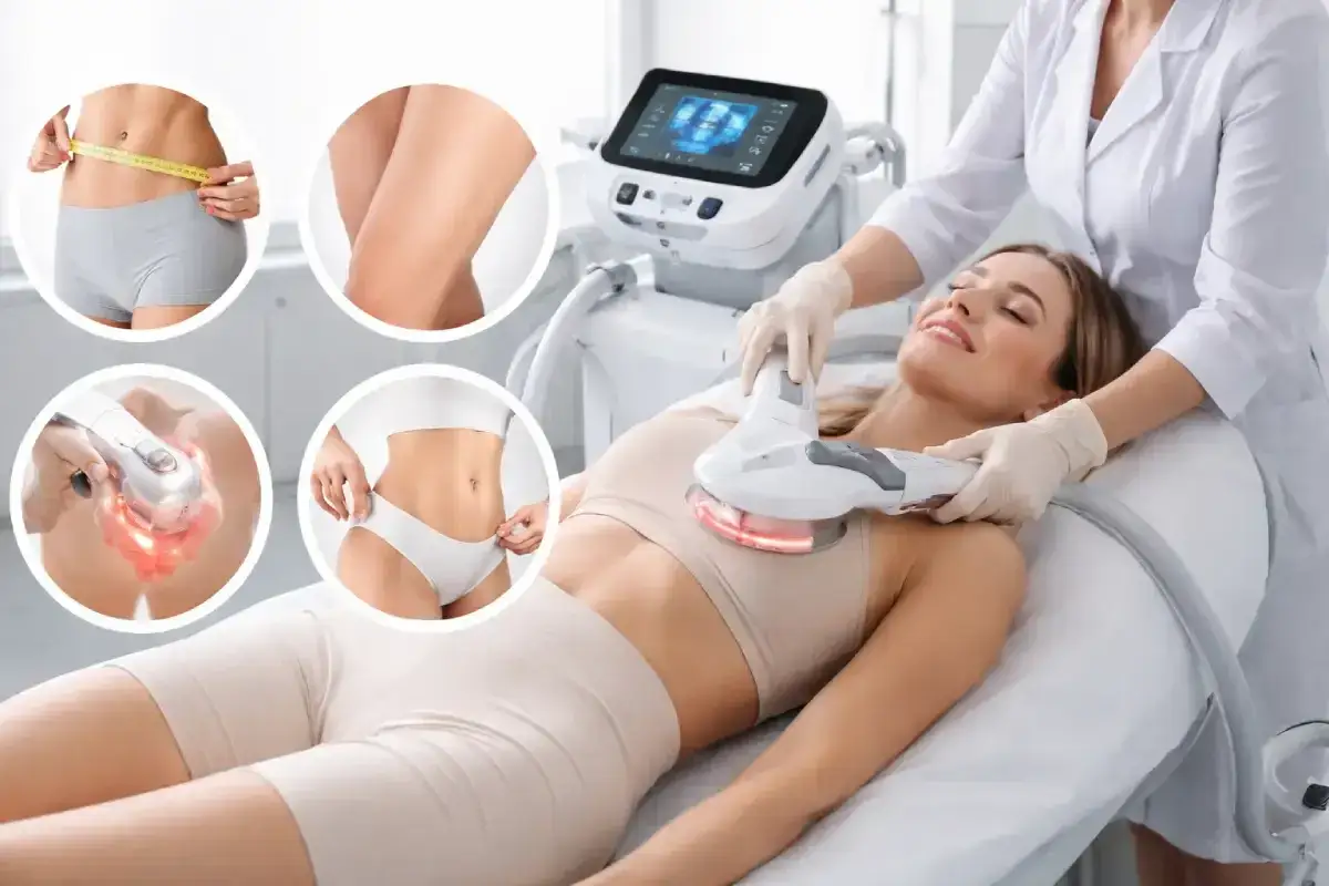Mujer disfrutando de carboxiterapia corporal para remodelar su figura. Se muestran imágenes de abdomen, muslos y glúteos.
