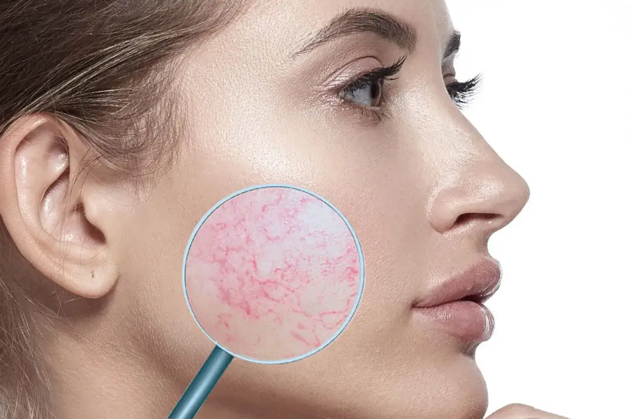 Primer plano de un rostro femenino con una lupa mostrando capilares rotos, indicativo de cuperosis.