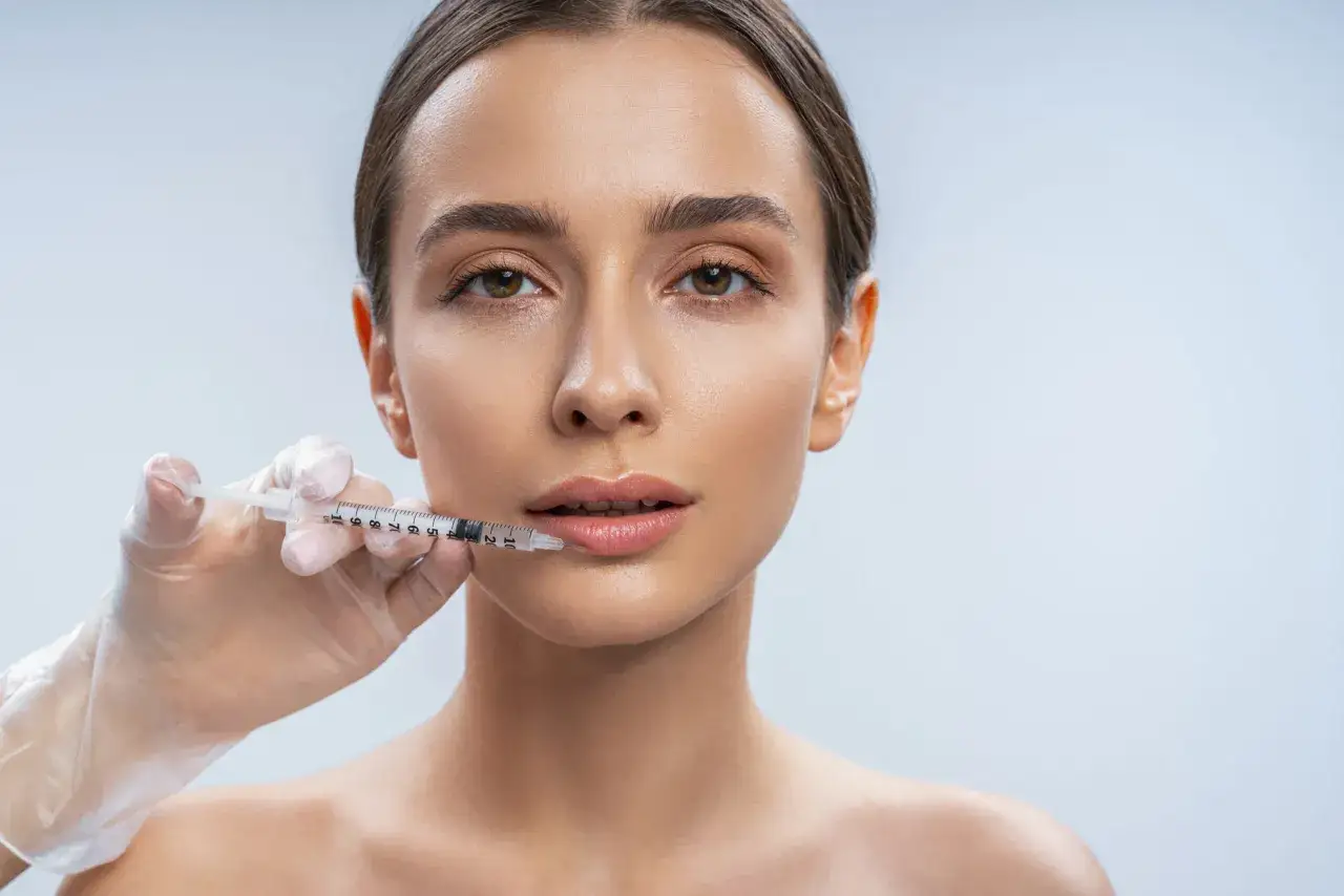 Una mano enguantada inyecta ácido hialurónico en los labios de una mujer, realzando su volumen y forma.