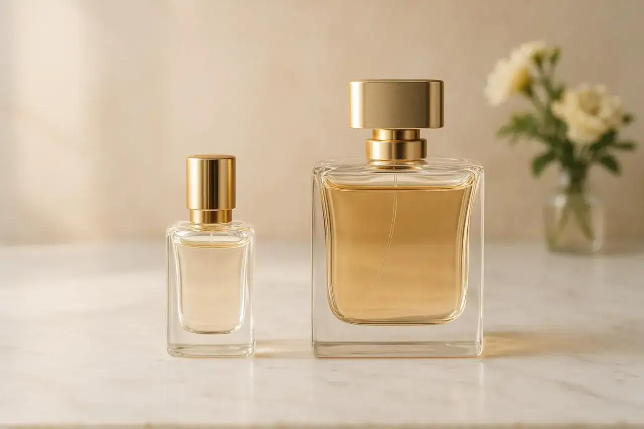 Dos frascos de perfume dorados, uno pequeño y otro grande, evocan la ironie saphir equivalencia en su elegancia.