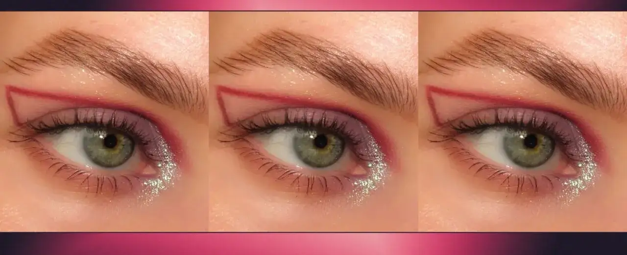 Ojos caídos con delineado gráfico rojo y sombras moradas con glitter.