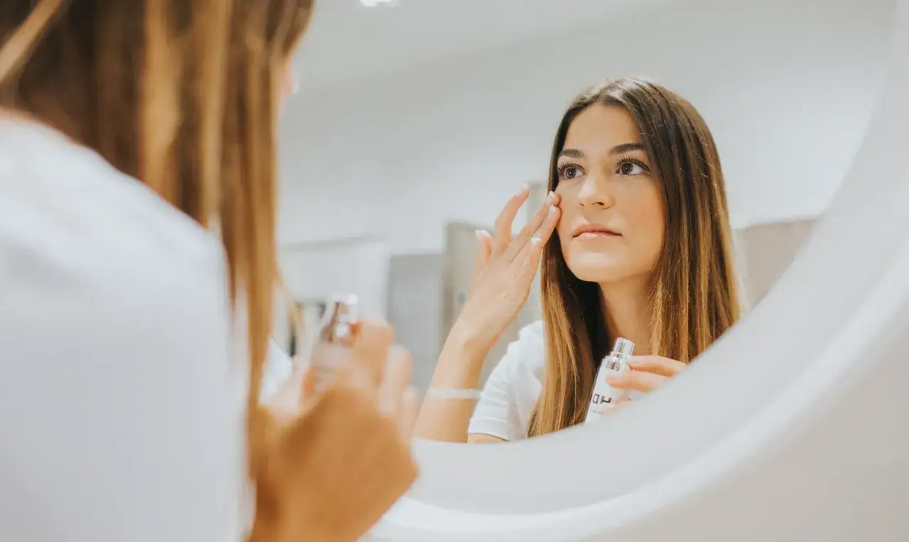 Mujer aplicándose crema en el rostro frente al espejo. Descubre para qué sirve Cicalfate y cómo puede mejorar tu piel.