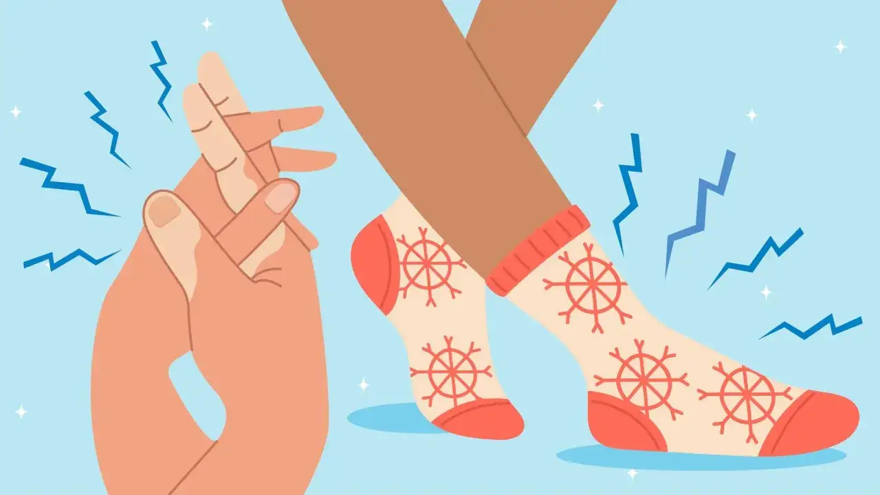 Manos entrelazadas con rayos de dolor y pies con calcetines de copos de nieve, sugiriendo sabañones.