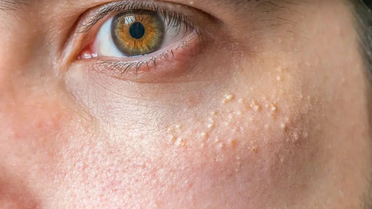 Piel con pequeños bultos blancos, llamados milium, cerca del ojo.