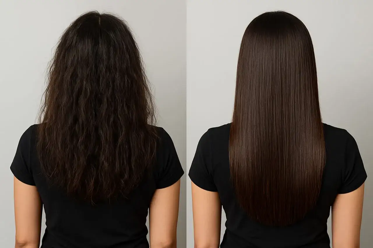 Antes y después de nanoplastia: cabello rizado y encrespado transformado en liso y brillante.