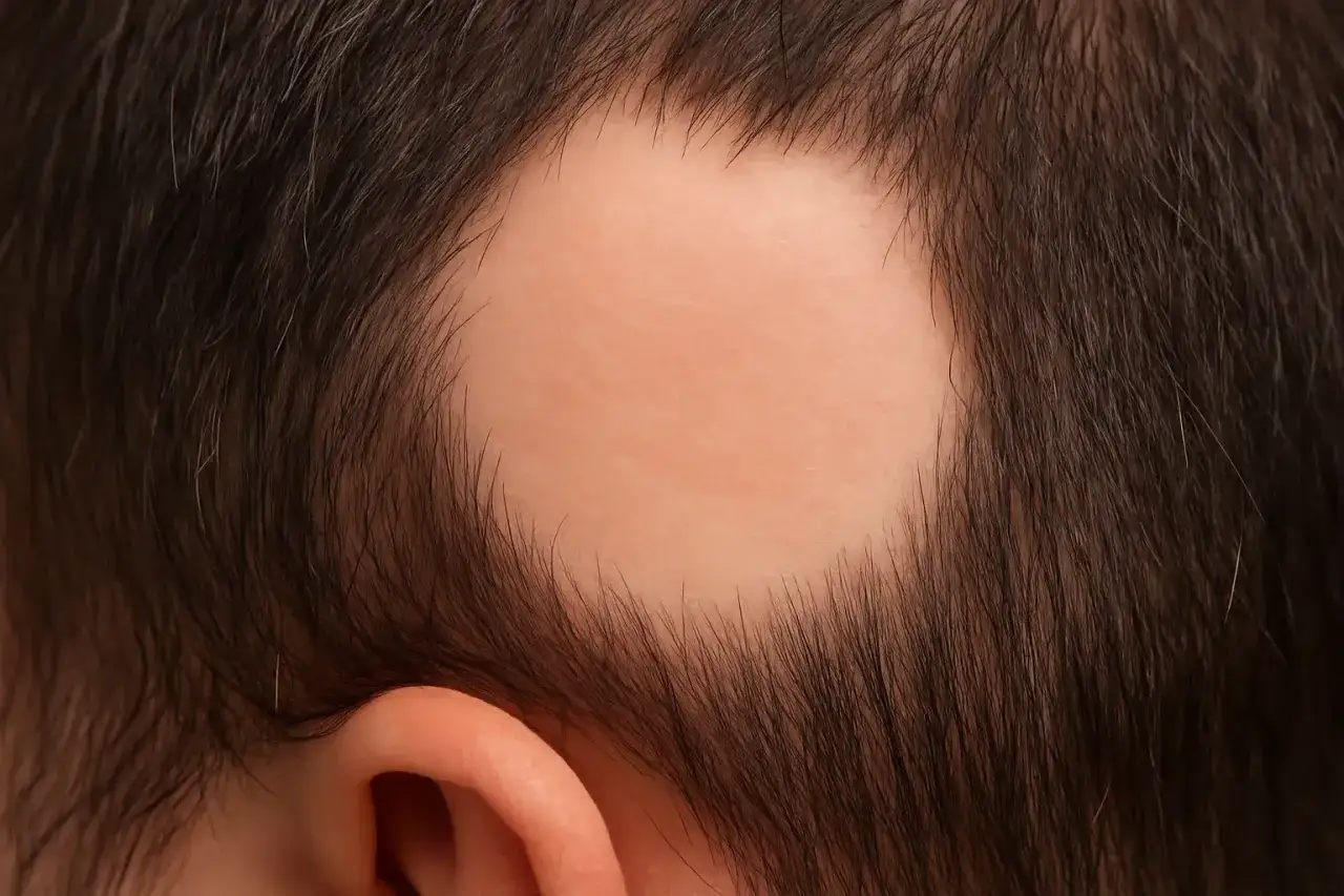 Primer plano de la cabeza de una mujer mostrando una zona calva circular, indicativa de alopecia areata.