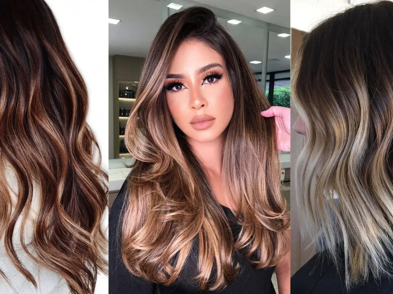 Tres estilos de cabello con efecto ombre, desde castaño oscuro con reflejos cobrizos hasta rubio ceniza.