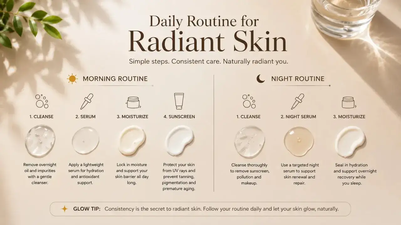 Rutina facial diaria para piel radiante: mañana y noche. Limpieza, sérum, hidratación y protección solar.