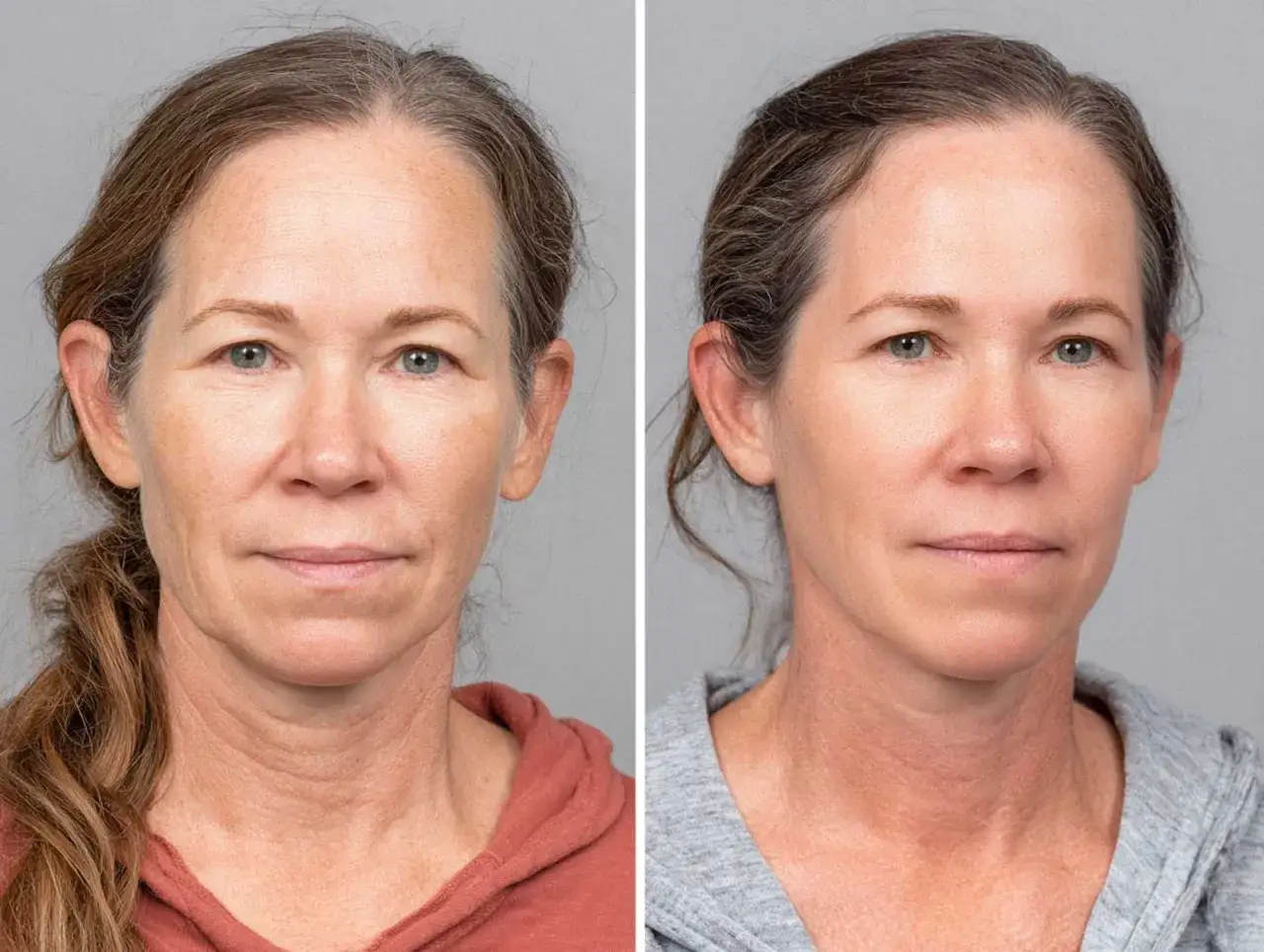 Comparación de antes y después de un tratamiento facial. La piel luce más firme y rejuvenecida, mostrando los beneficios del dmae.