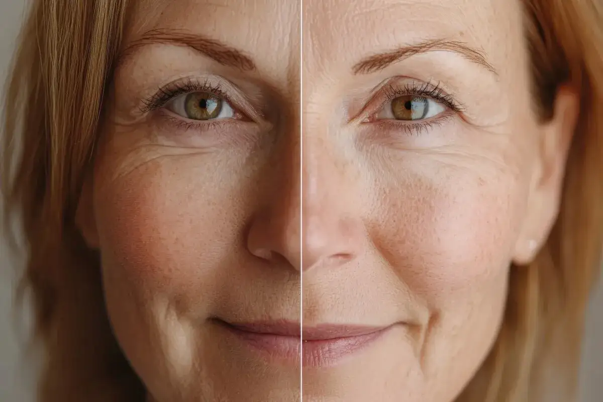Comparación de piel: antes y después de un peeling. La imagen muestra el rostro de una mujer, con arrugas y manchas en un lado, y una piel más lisa y uniforme en el otro.