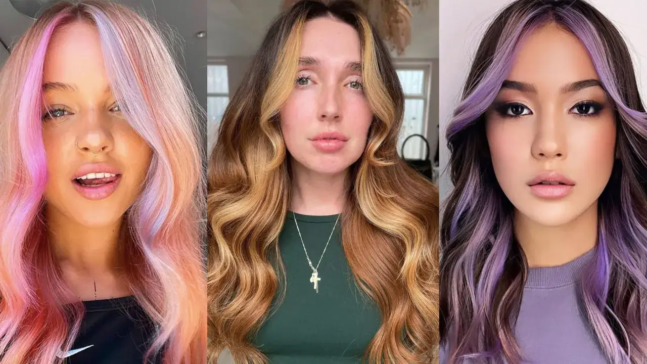 Tres estilos de mechas: rosa y melocotón, rubio miel y morado vibrante.
