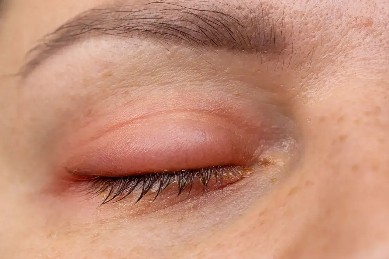 Ojo con inflamación y una bolita granito en la línea de agua. Las pestañas lucen irritadas.