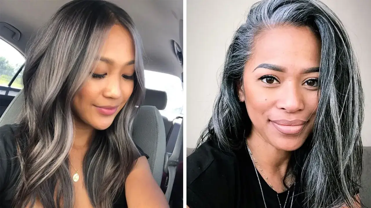 Dos mujeres con cabello oscuro y mechas plateadas, mostrando una transición a las canas con estilo.