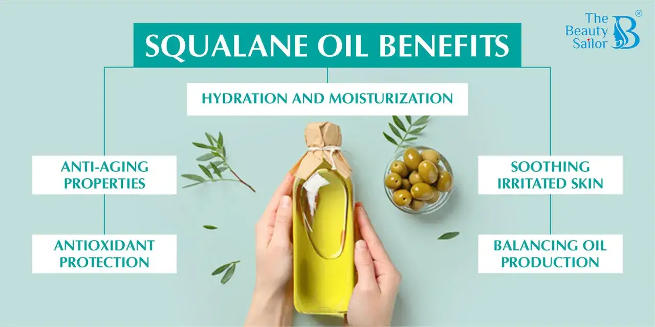 Manos sostienen una botella de aceite de escualeno, destacando sus beneficios: hidratación, anti-envejecimiento, protección antioxidante, calma la piel y equilibra la producción de grasa.