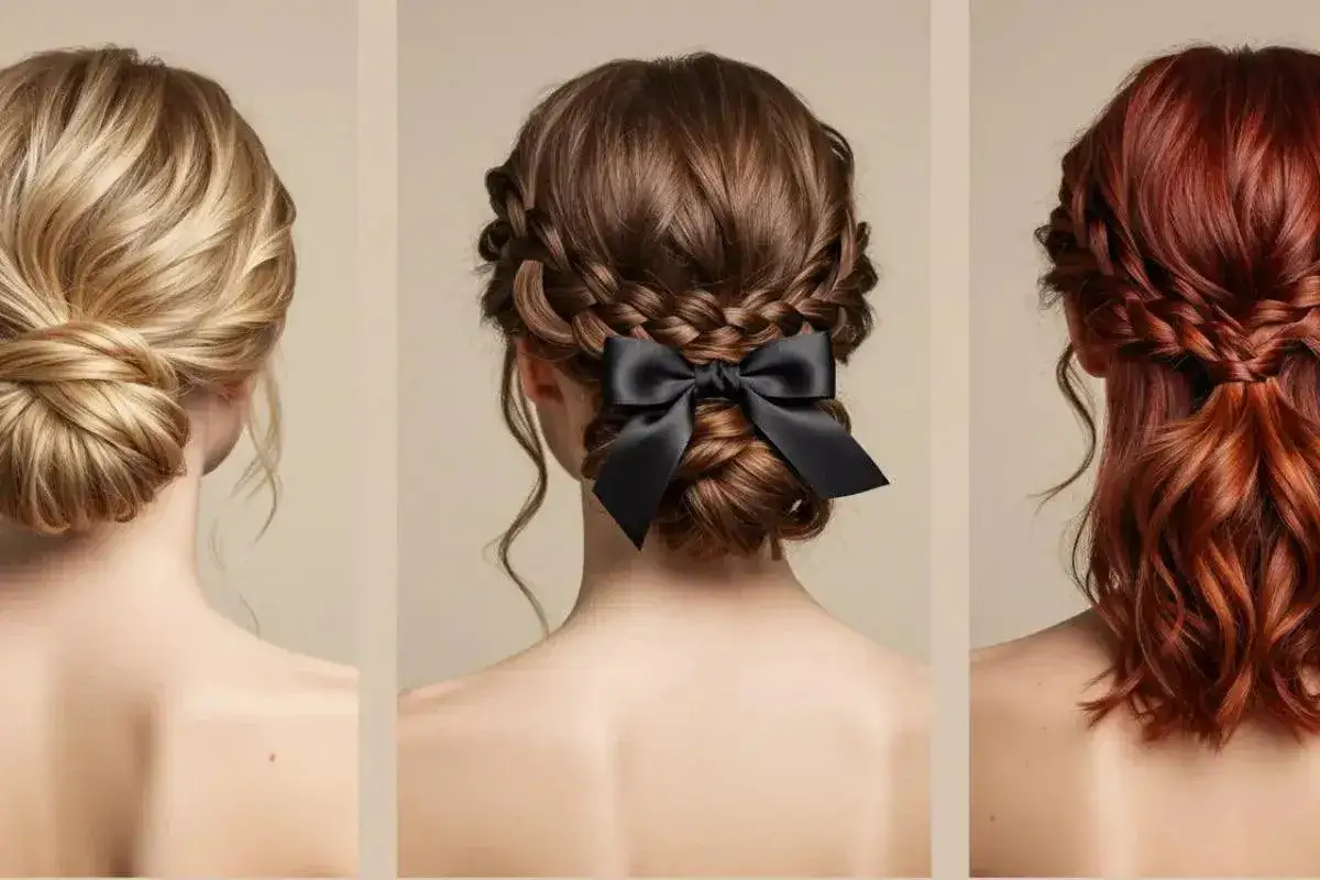 Tres peinados fáciles y rápidos: moño rubio, recogido con trenzas y lazo negro, y media coleta pelirroja con trenza.