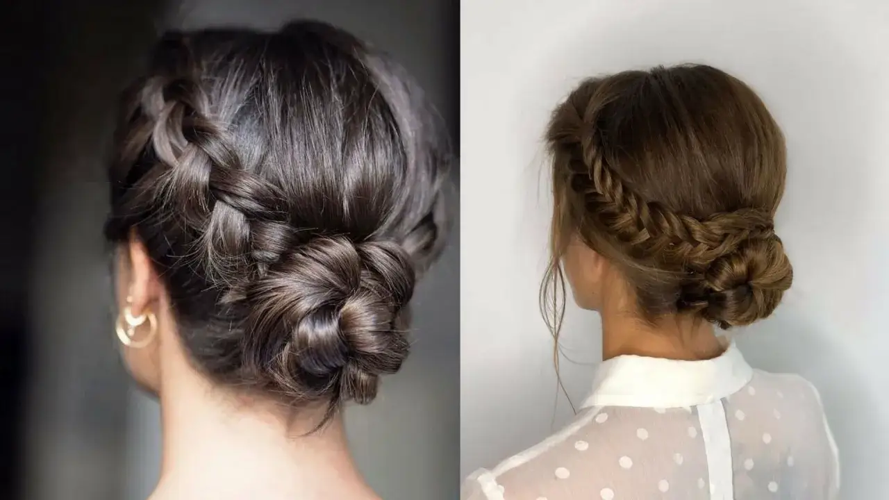 Dos peinados elegantes con trenzas y un moño bajo.