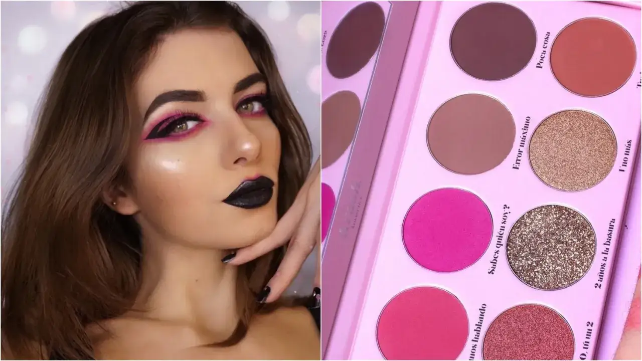 Paleta de sombras Krash Kosmetics con tonos vibrantes y brillantes. A su lado, un rostro con maquillaje dramático en rosa y negro.