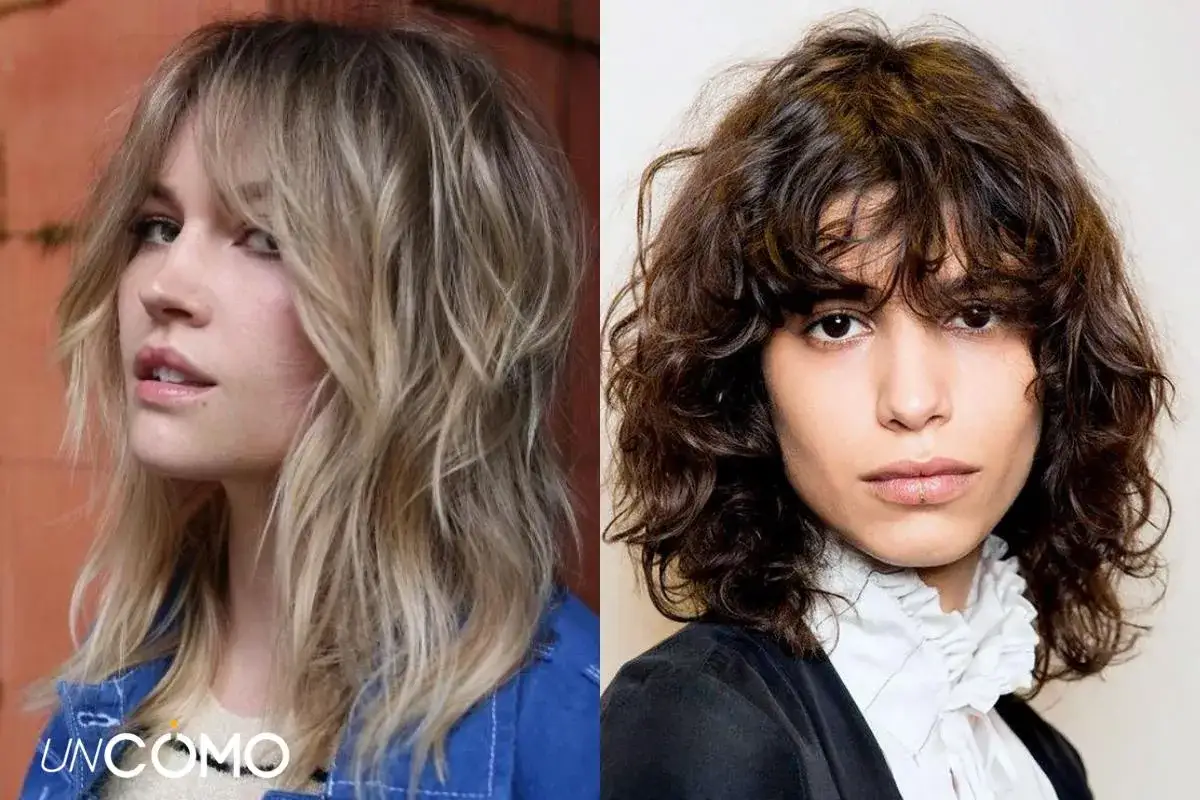 Dos mujeres con un corte shag moderno. Una rubia con capas desordenadas y flequillo, la otra morena con rizos voluminosos y flequillo.