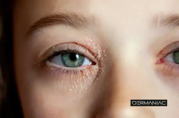 Ojo con eczema cara, piel seca y escamosa alrededor del párpado.